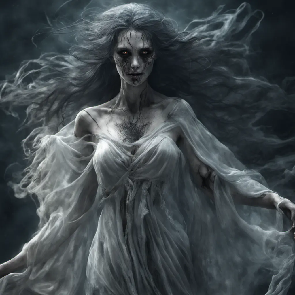 Ghostly rotting dead evil undead siren, graceful, flowing robes, wispy, glowing dark eyes, darkness, 8k, Gothic and Fantasy, Beautiful, Sci-Fi, Photo Realistic