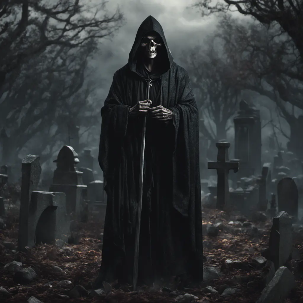 Portrait of the grim reaper in a graveyard, 8k, Gothic and Fantasy, Elden Ring, Photo Realistic, Dynamic Lighting by Greg Rutkowski