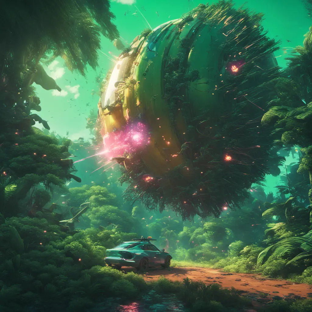 Studio ghibli, rocket explosion, jungle, solar, green technology, optimist future, 8k, Bokeh effect, Cinematic Lighting, Octane Render, Iridescence, Vibrant by Beeple, Dan Mumford, Greg Rutkowski, WLOP