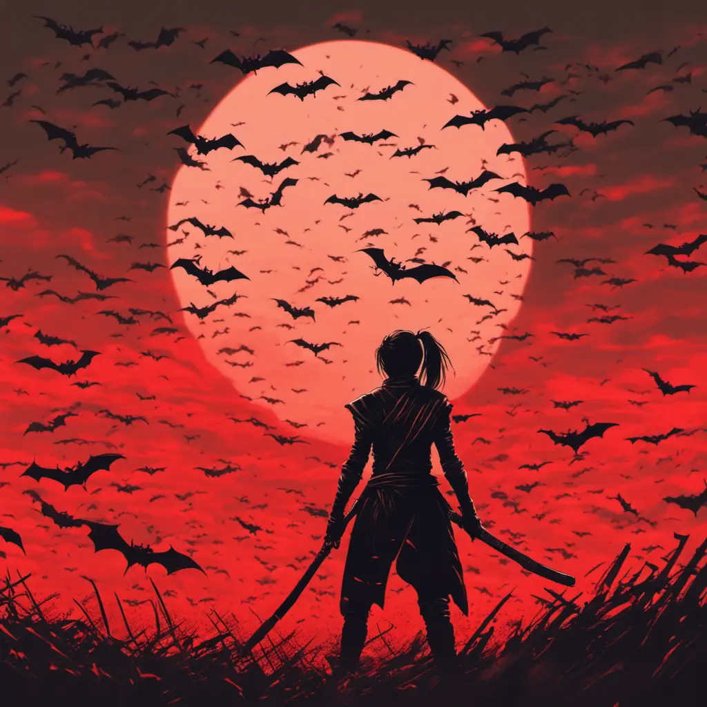 Back view of a female ninja on a bloody batte field. Flying bats in the sky that is colored by a red sun set, Dystopian, Volumetric Lighting