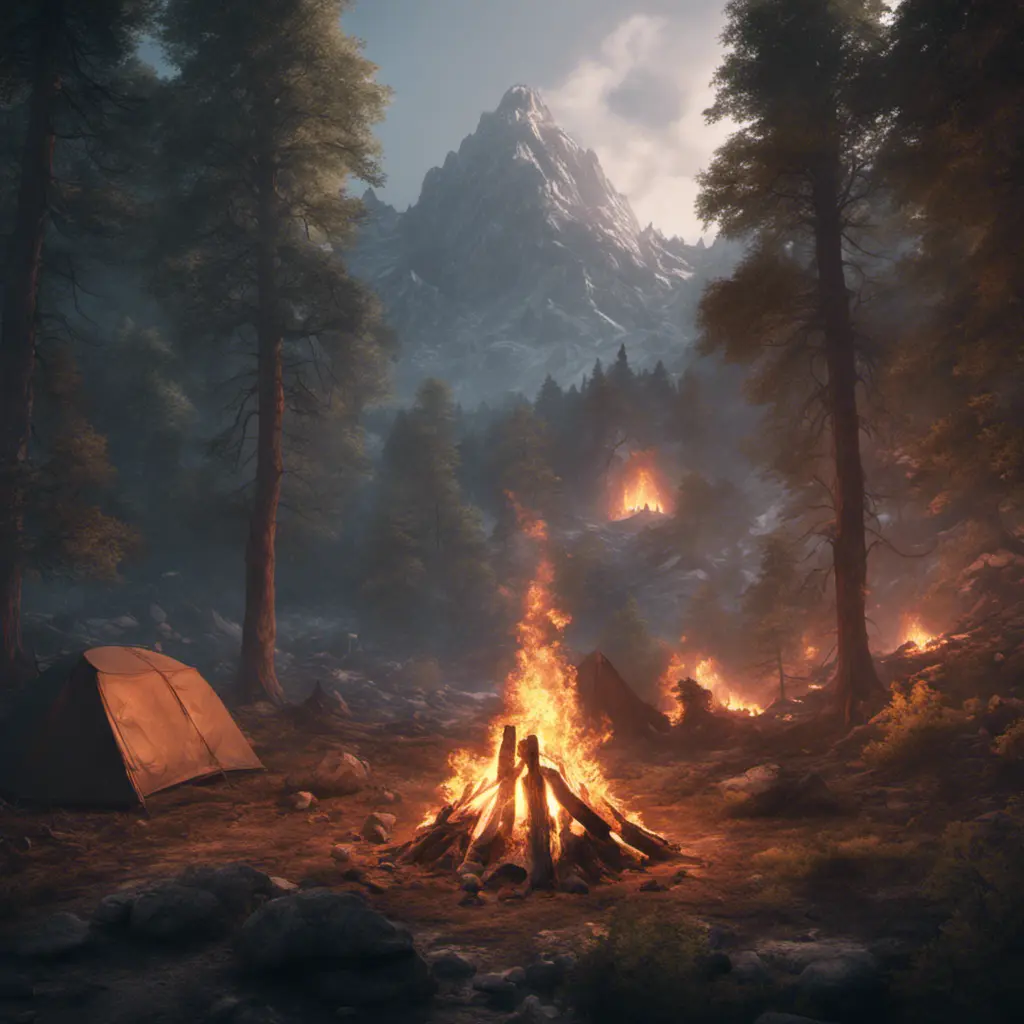 A highly detailed matte painting of a camp fire in an epic mountain forest, 4k resolution, Masterpiece, Trending on Artstation, Cyberpunk, Octane Render, Volumetric Lighting