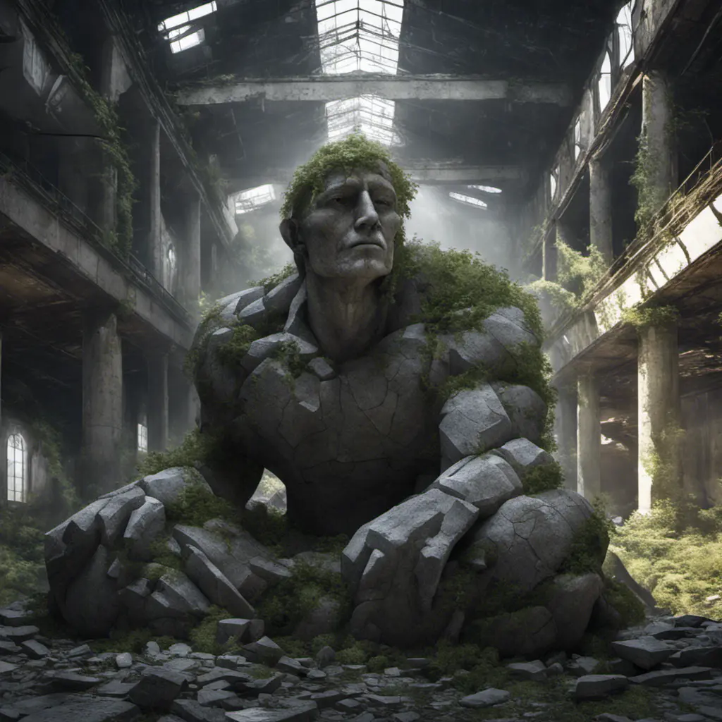 Close up, top view of a huge stone statue broken into pieces inside an abandoned warehouse overgrown inside abandonated factory, big rocks,, 8k, Gothic and Fantasy, Beautiful, Sci-Fi, Photo Realistic by Greg Rutkowski