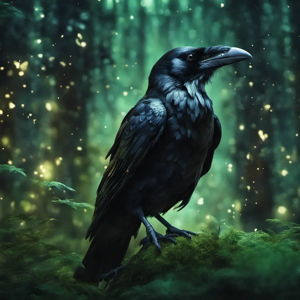 Raven in a green magical forest, Highly Detailed, Bokeh effect, Sharp Focus, Volumetric Lighting, Fantasy by Greg Rutkowski