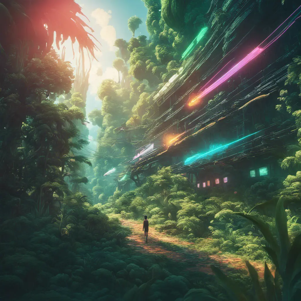 Studio ghibli, rocket explosion, jungle, solar, green technology, optimist future, 8k, Bokeh effect, Cinematic Lighting, Iridescence, Vibrant by Beeple, Dan Mumford, Greg Rutkowski, WLOP