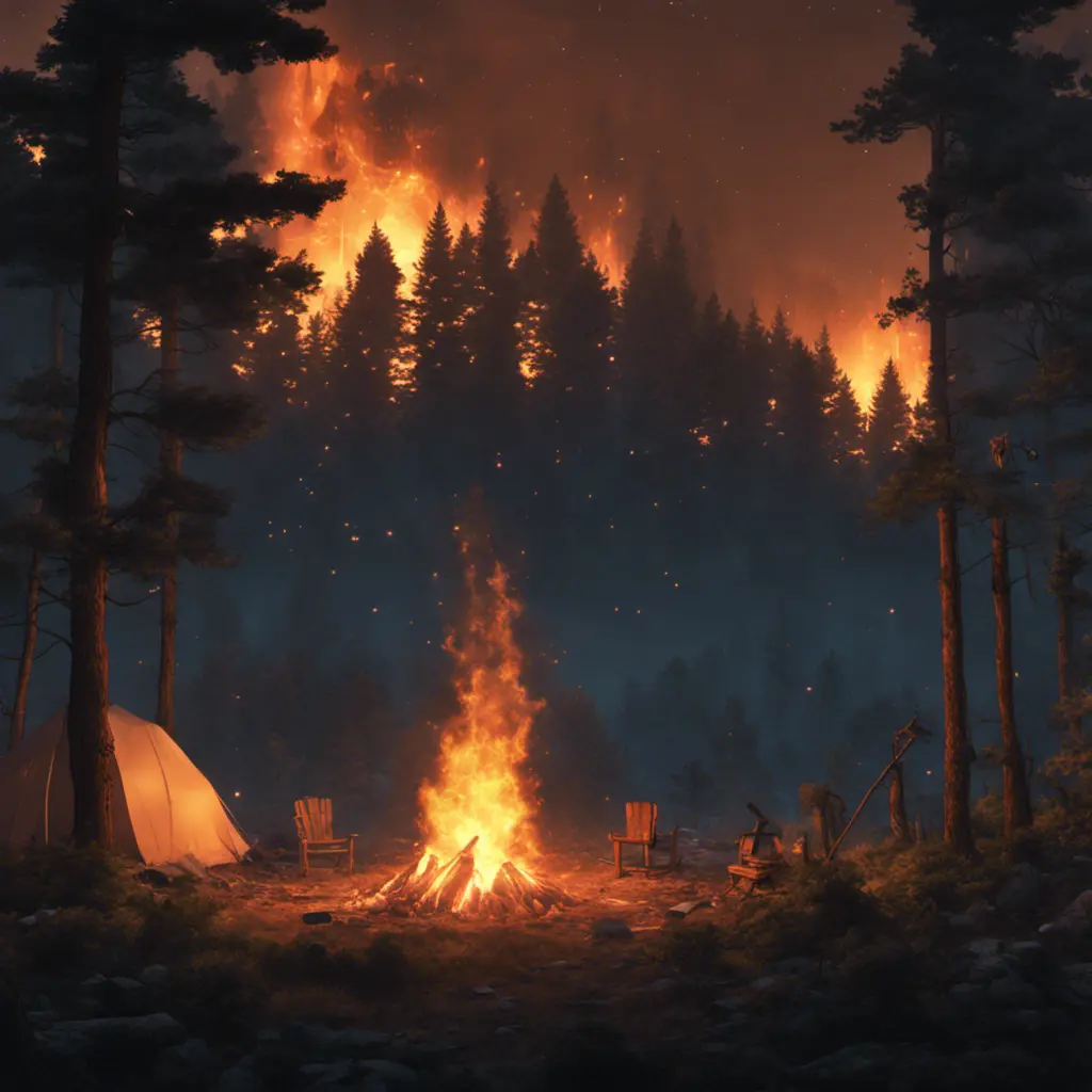 A highly detailed matte painting of a camp fire in the forest at night by studio ghibli, 4k resolution, Masterpiece, Trending on Artstation, Cyberpunk, Octane Render, Volumetric Lighting