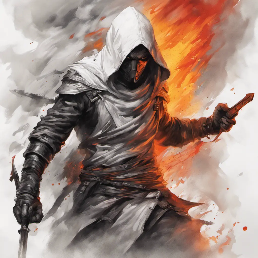 White Assassin emerging from a firey fog of battle, ink splash, Highly Detailed, Vibrant Colors, Ink Art, Fantasy, Dark by Stanley Artgerm Lau