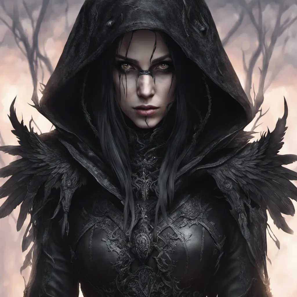 Intricate portrait of a horrifying pale assassin dusk elf, black hair, black eyes, fully covering black hooded armor, ravens, 8k, Gothic and Fantasy, Beautiful, Sci-Fi, Photo Realistic