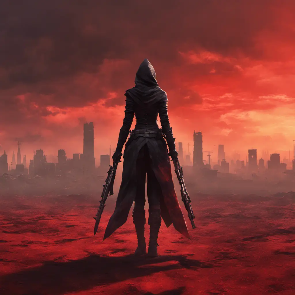 Back view of a female assassin on a bloody batte field. The sky is colored by a red sun set, Dystopian, Volumetric Lighting