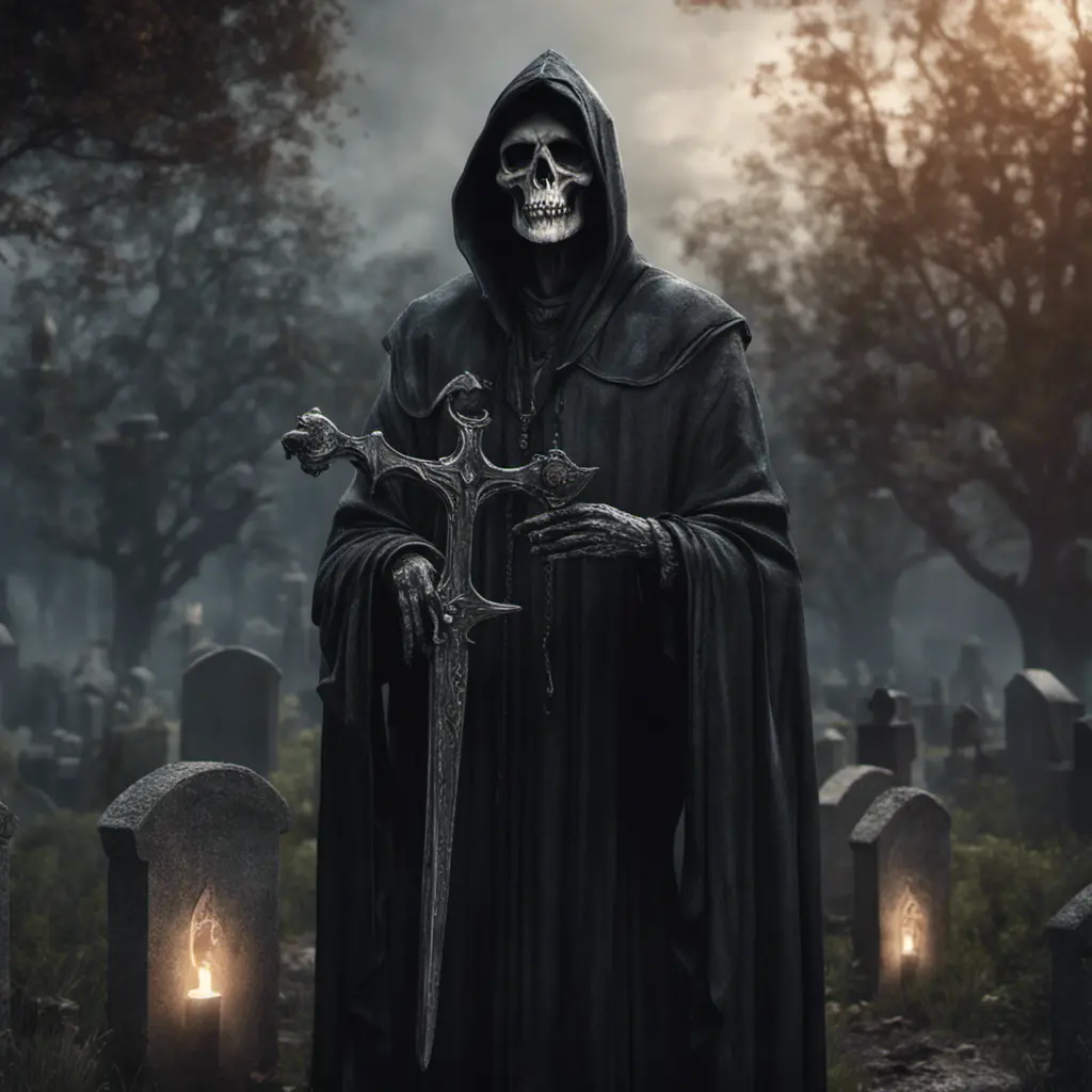 Portrait of the grim reaper in a graveyard, 8k, Gothic and Fantasy, Elden Ring, Photo Realistic, Dynamic Lighting by Greg Rutkowski