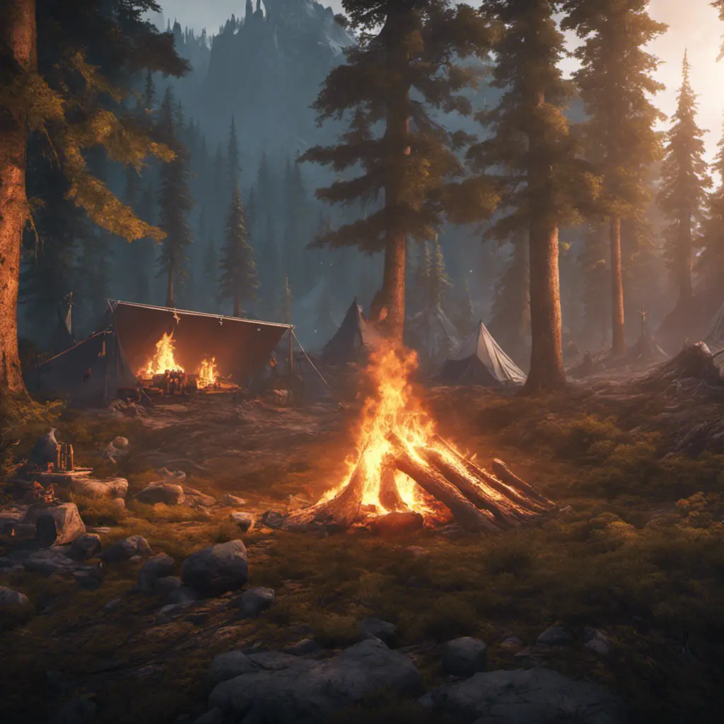 A highly detailed matte painting of a camp fire in an epic mountain forest, 4k resolution, Masterpiece, Trending on Artstation, Cyberpunk, Octane Render, Volumetric Lighting