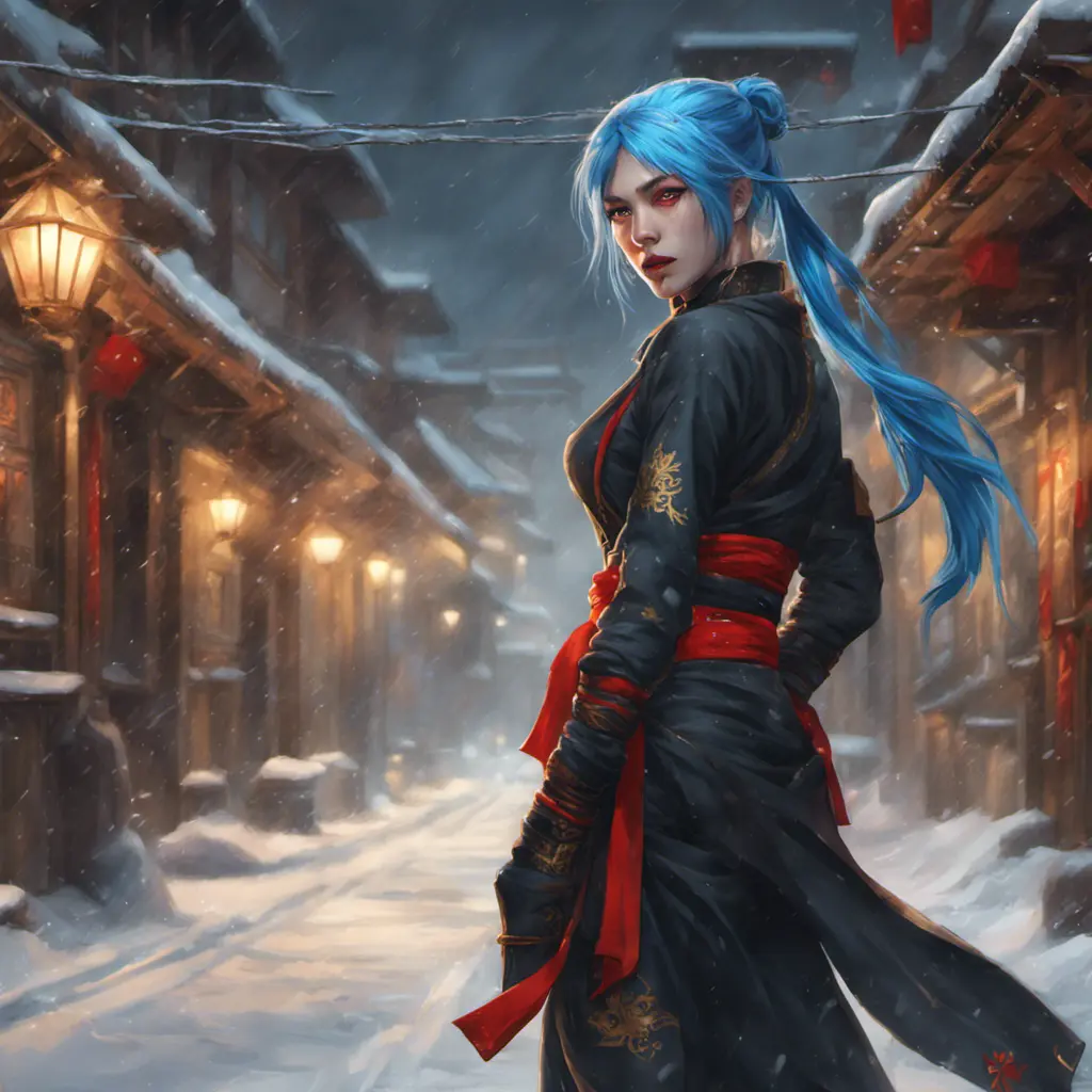 Mysterious beautiful kunoichi ninja wearing black, red and gold in the streets of a dark snowy town in russia, 8k, Intricate Details, Trending on Artstation, Blue Hair by Stanley Artgerm Lau, WLOP