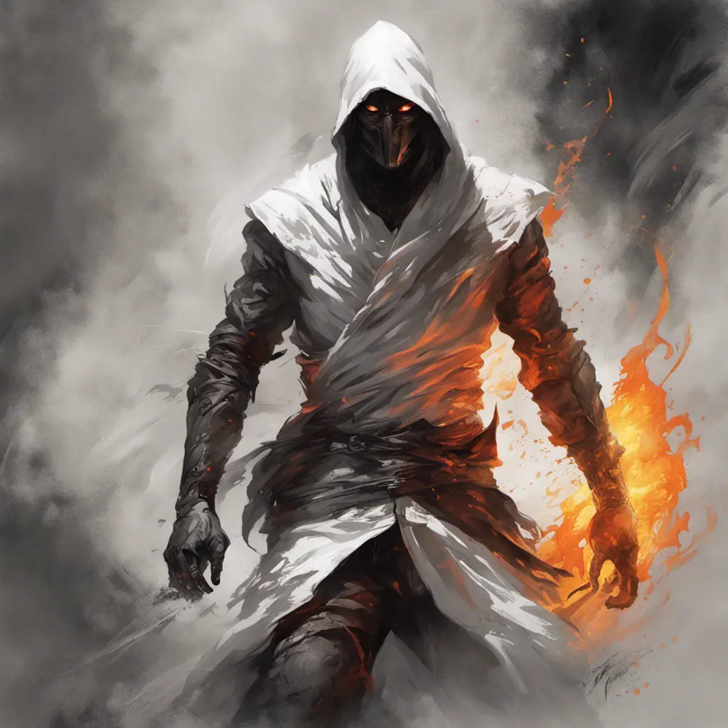 White Assassin emerging from a firey fog of battle, ink splash, Highly Detailed, Vibrant Colors, Ink Art, Fantasy, Dark by Stanley Artgerm Lau