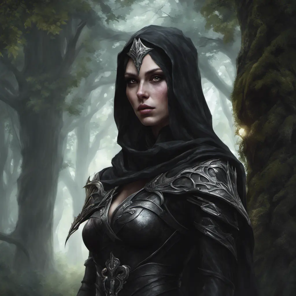 Dungeons and dragons forest elf character full body portrait, white skin, dark gothic black armor, wearing a black veil, dramatic light, dungeon background, 8k, Gothic and Fantasy, Elden Ring, Photo Realistic, Dynamic Lighting by Stanley Artgerm Lau, Greg Rutkowski