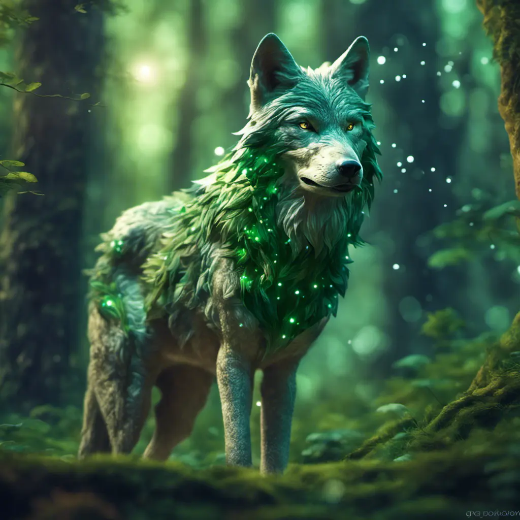 Wolf in a green magical forest, Highly Detailed, Bokeh effect, Sharp Focus, Volumetric Lighting, Fantasy by Greg Rutkowski