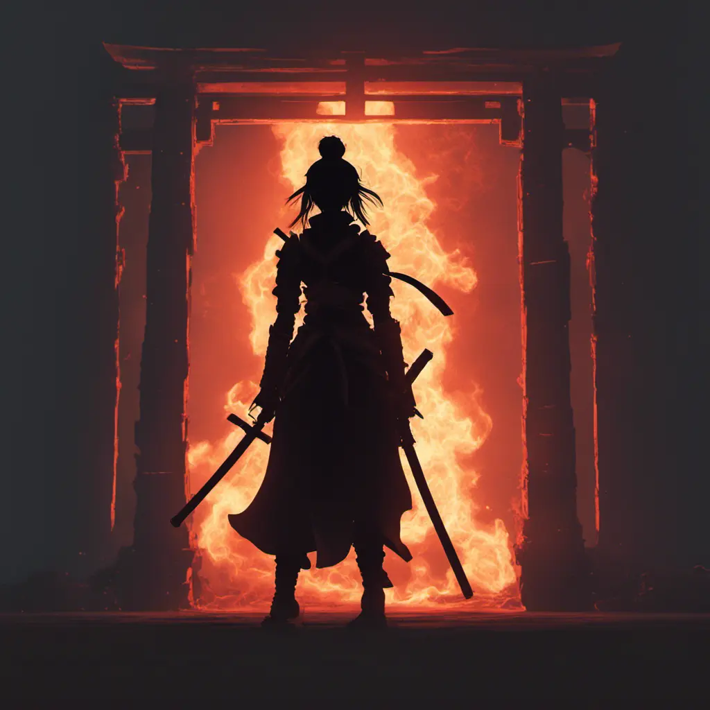 Silhouette of a samurai female assassin in the style of Fire watch, 8k, Dystopian, Trending on Artstation, Volumetric Lighting