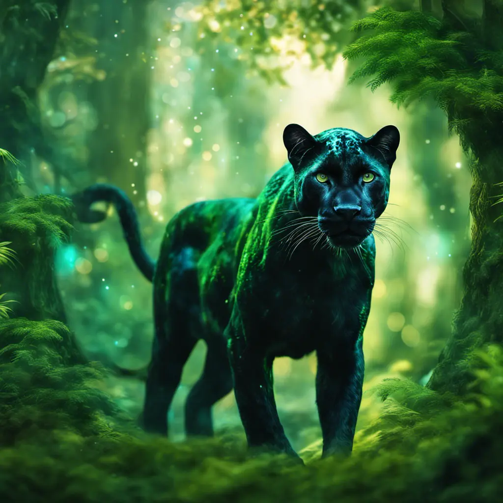 Panther in a luscious green magical forest, Highly Detailed, Bokeh effect, Sharp Focus, Volumetric Lighting, Fantasy by Greg Rutkowski