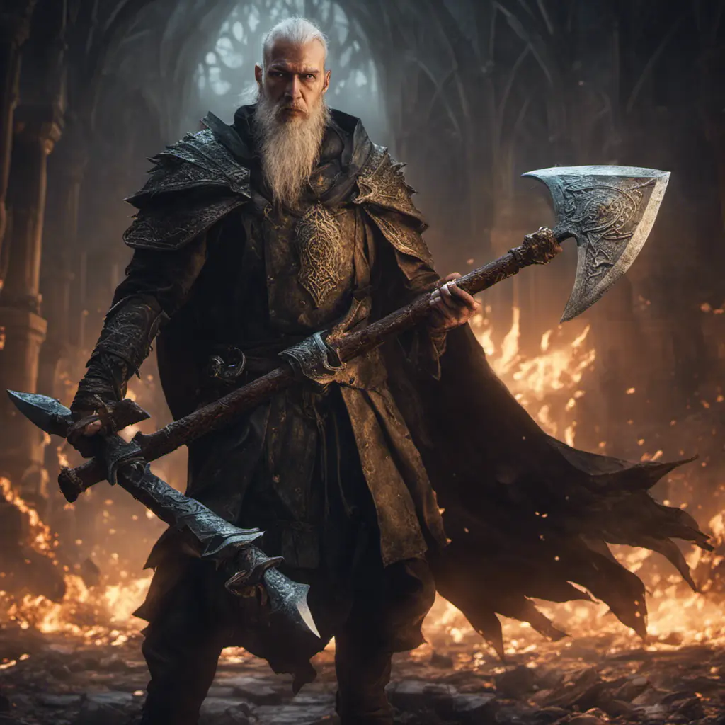 Portrait of a battlemage in a dark-fantasay world during his last standoff ,leading an army of light against demons. Holding two Axes, 8k, Gothic and Fantasy, Elden Ring, Photo Realistic, Dynamic Lighting by Greg Rutkowski