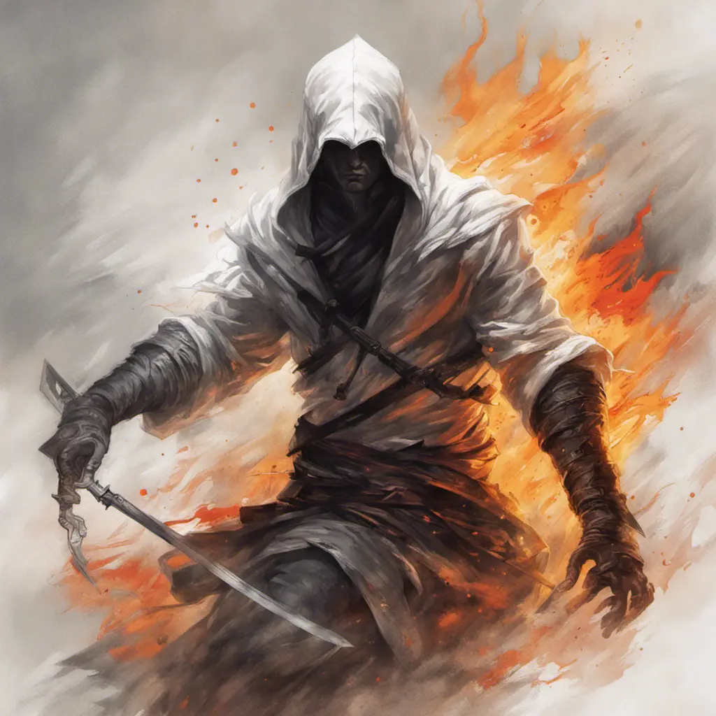 White Assassin emerging from a firey fog of battle, ink splash, Highly Detailed, Vibrant Colors, Ink Art, Fantasy, Dark by Stanley Artgerm Lau