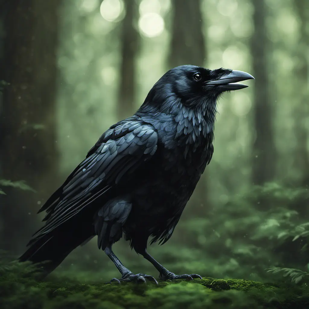 Raven in a green magical forest, Highly Detailed, Bokeh effect, Sharp Focus, Volumetric Lighting, Fantasy by Greg Rutkowski