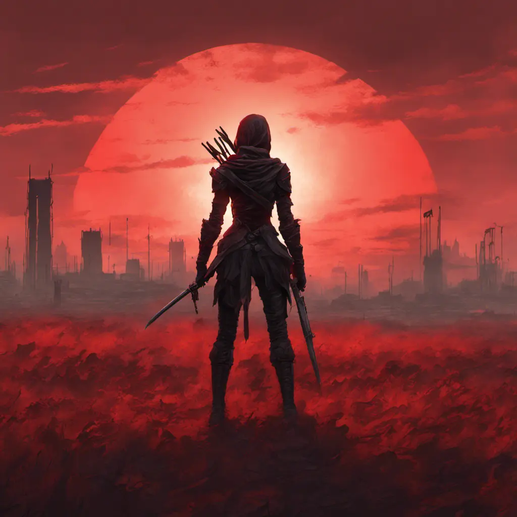 Back view of a female assassin on a bloody batte field. The sky is colored by a red sun set, Dystopian, Volumetric Lighting