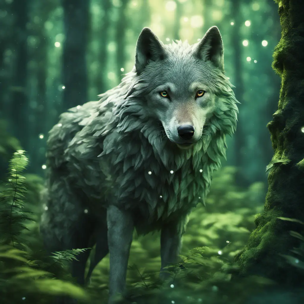 Wolf in a green magical forest, Highly Detailed, Bokeh effect, Sharp Focus, Volumetric Lighting, Fantasy by Greg Rutkowski