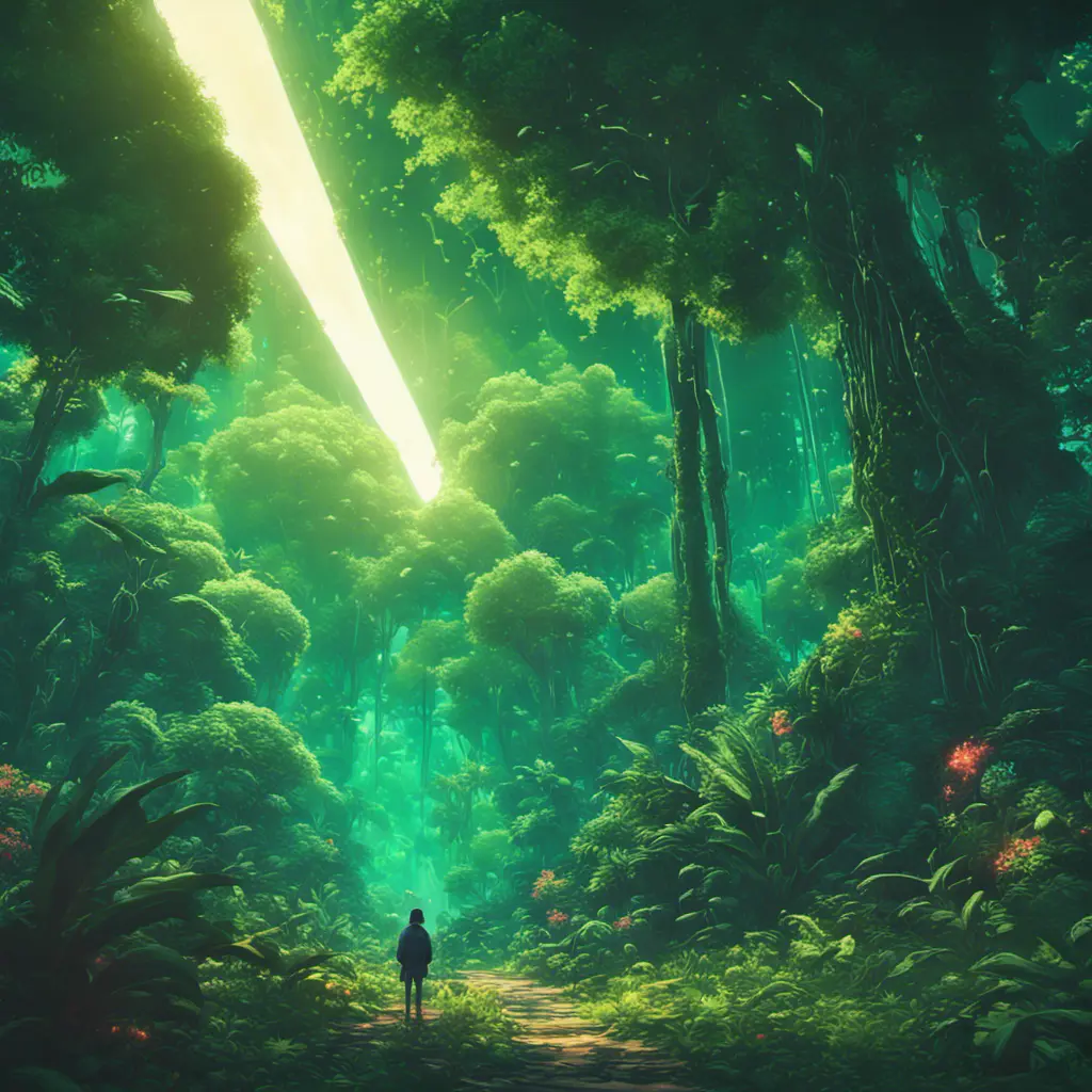 Studio ghibli, rocket explosion, jungle, solar, green technology, optimist future, 8k, Bokeh effect, Cinematic Lighting, Iridescence, Vibrant by Beeple, Dan Mumford, Greg Rutkowski, WLOP