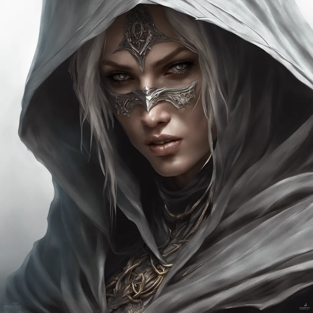 Veiled female wraith assassin, 8k, Gothic and Fantasy, Elden Ring, Photo Realistic, Dynamic Lighting by Stanley Artgerm Lau, Greg Rutkowski