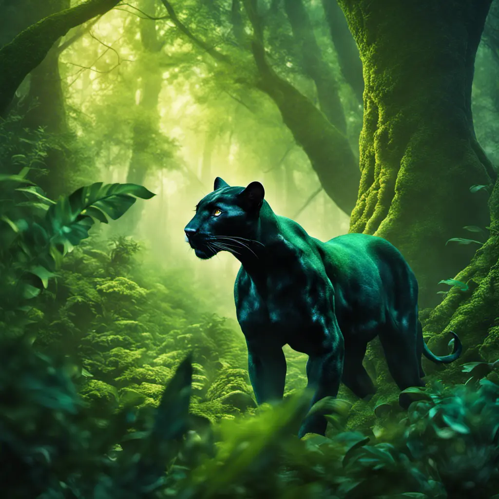 Panther in a luscious green magical forest, Highly Detailed, Bokeh effect, Sharp Focus, Volumetric Lighting, Fantasy by Greg Rutkowski