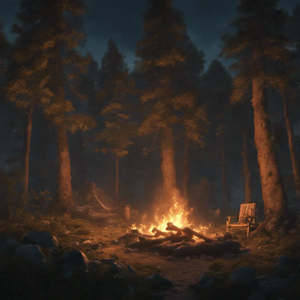 A highly detailed matte painting of a camp fire in the forest at night by studio ghibli, 4k resolution, Masterpiece, Trending on Artstation, Cyberpunk, Octane Render, Volumetric Lighting