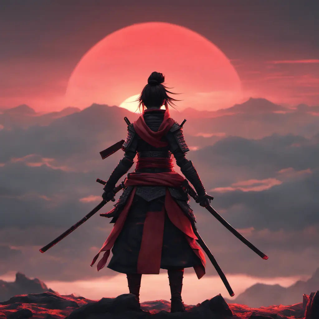 Backview of a female samurai assassin. The sky is colored by a red sun set, 8k, Dystopian, Trending on Artstation, Volumetric Lighting