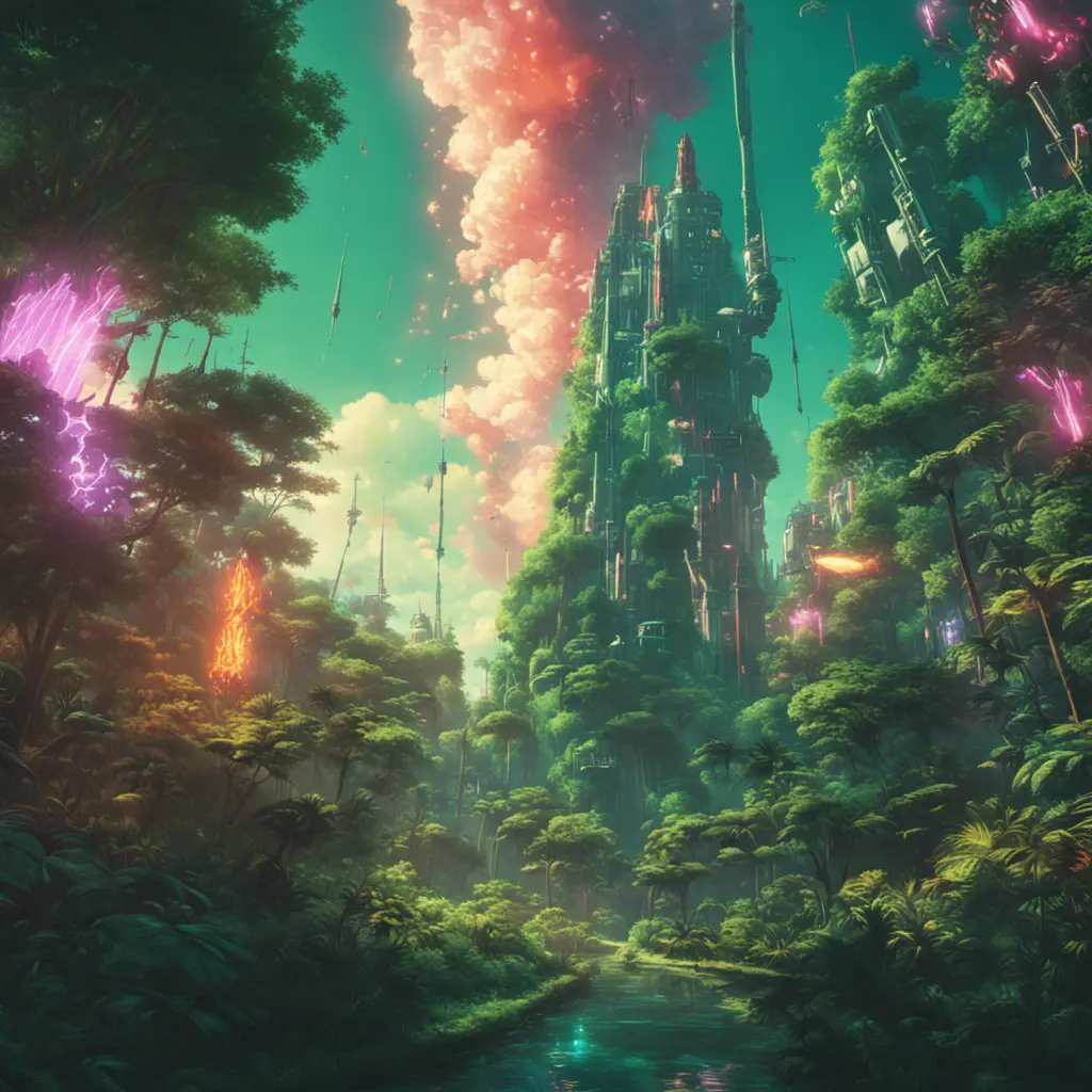 Studio ghibli, rocket explosion, jungle, solar, green technology, optimist future, 8k, Bokeh effect, Cinematic Lighting, Iridescence, Vibrant by Beeple, Dan Mumford, Greg Rutkowski, WLOP