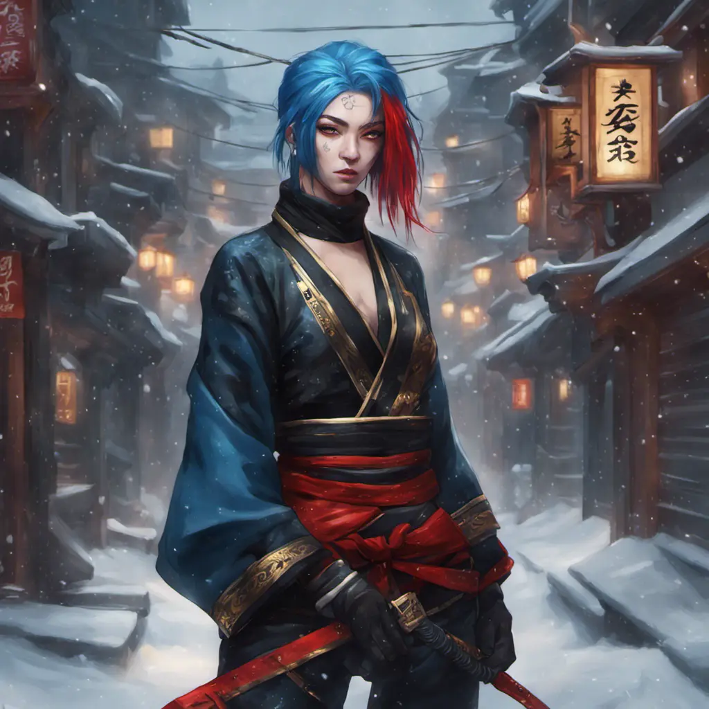 Mysterious beautiful kunoichi ninja with blue hair wearing black, red, and gold jewelry in the streets of a dark snowy town in russia, 8k, Intricate Details, Trending on Artstation, Red Hair by Stanley Artgerm Lau, WLOP