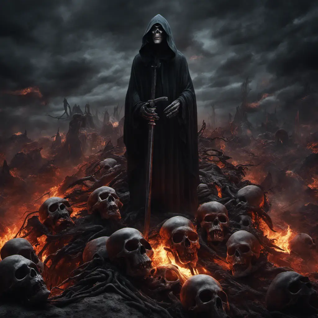 Grim reaper in hell, above a pile of corpses, dark and scary night, 8k, Gothic and Fantasy, Beautiful, Sci-Fi, Photo Realistic