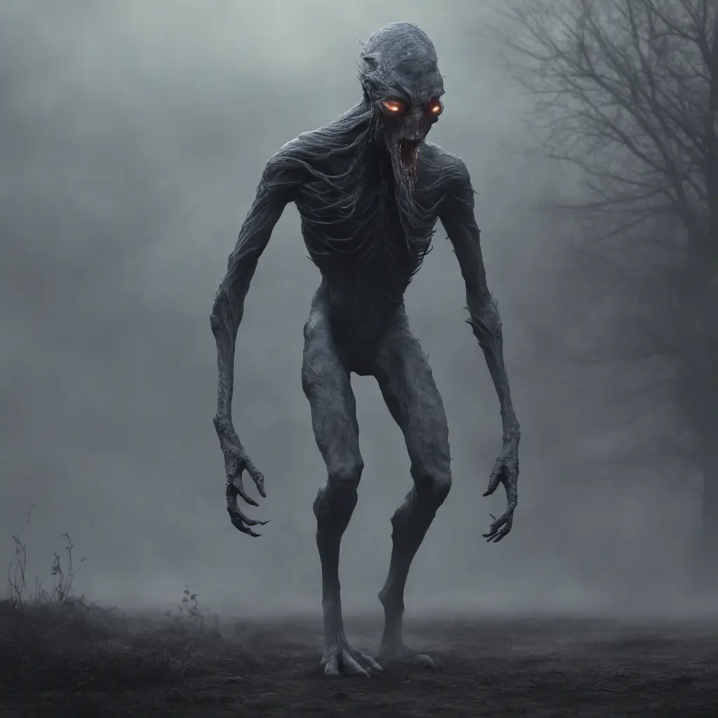 Humanoid creature eldritch horror, dark obscured by fog, full body shot, far away, 8k, Gothic and Fantasy, Beautiful, Sci-Fi, Photo Realistic