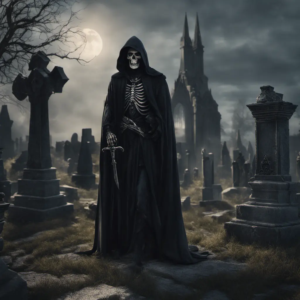 Portrait of the grim reaper in a graveyard, 8k, Gothic and Fantasy, Elden Ring, Photo Realistic, Dynamic Lighting by Greg Rutkowski