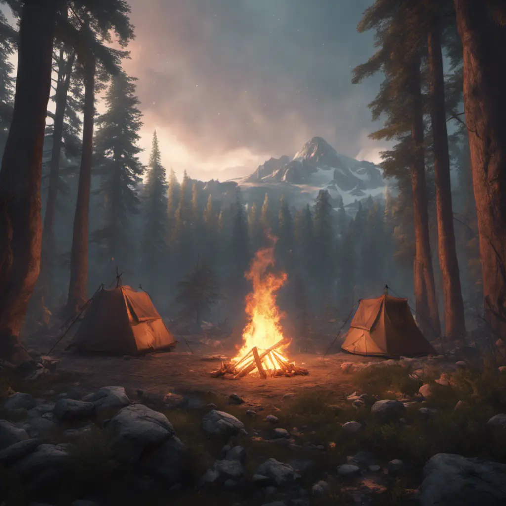 A highly detailed matte painting of a camp fire in an epic mountain forest, 4k resolution, Masterpiece, Trending on Artstation, Cyberpunk, Octane Render, Volumetric Lighting