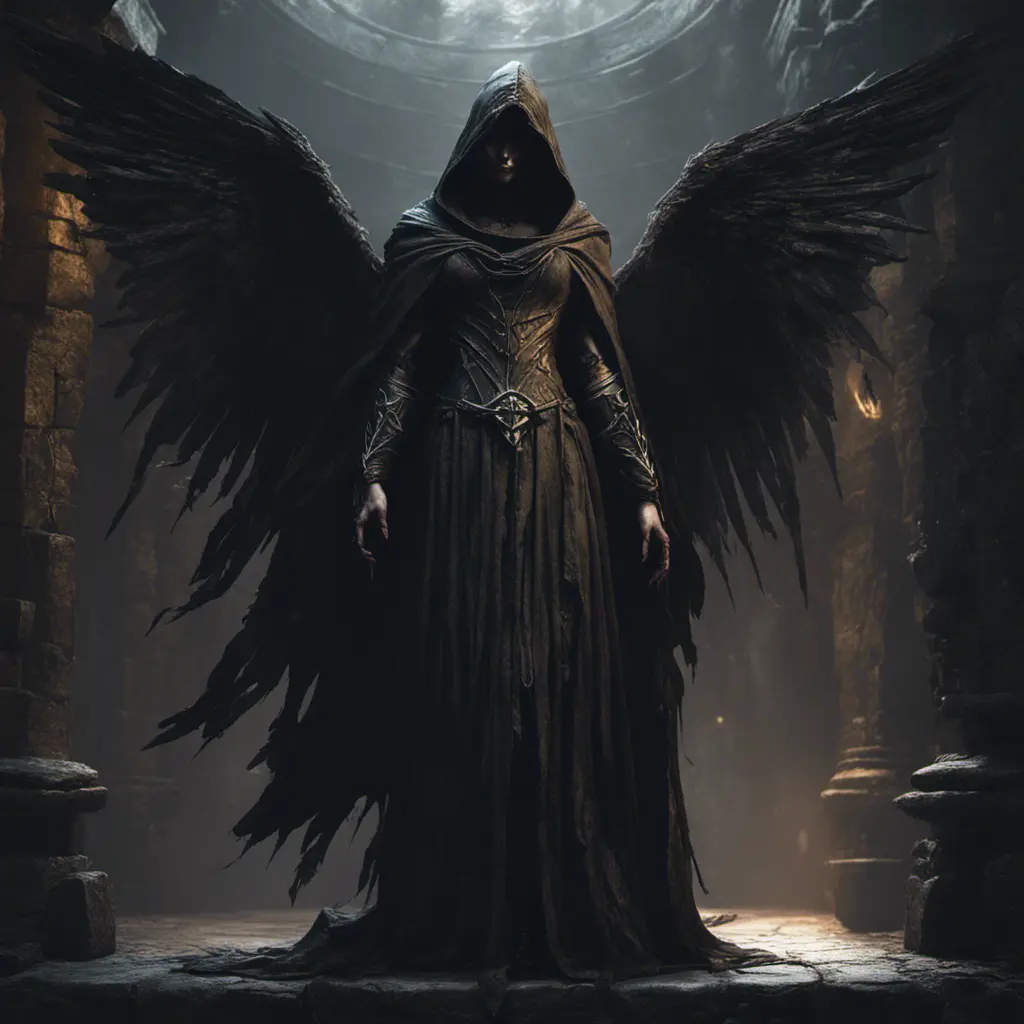 Hooded winged wraith in a dungeon, 8k, Gothic and Fantasy, Elden Ring, Photo Realistic, Dynamic Lighting by Greg Rutkowski