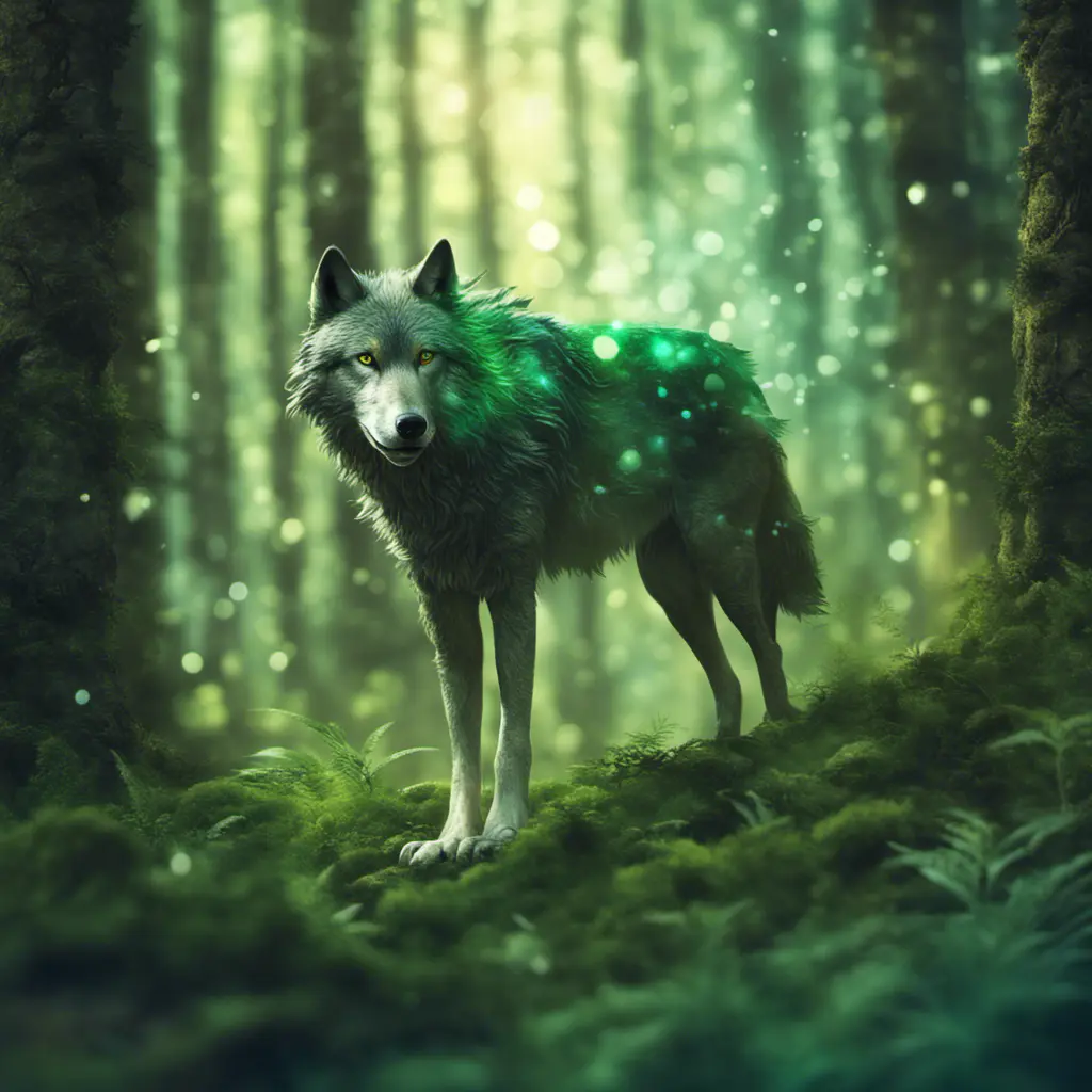 Wolf in a green magical forest, Highly Detailed, Bokeh effect, Sharp Focus, Volumetric Lighting, Fantasy by Greg Rutkowski