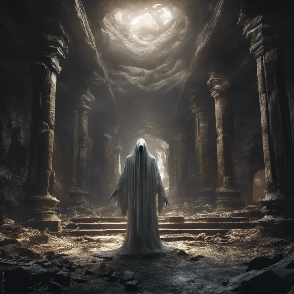 Shimmering ghost in an apocalyptic underground world, 8k, Gothic and Fantasy, Elden Ring, Photo Realistic, Dynamic Lighting by Greg Rutkowski