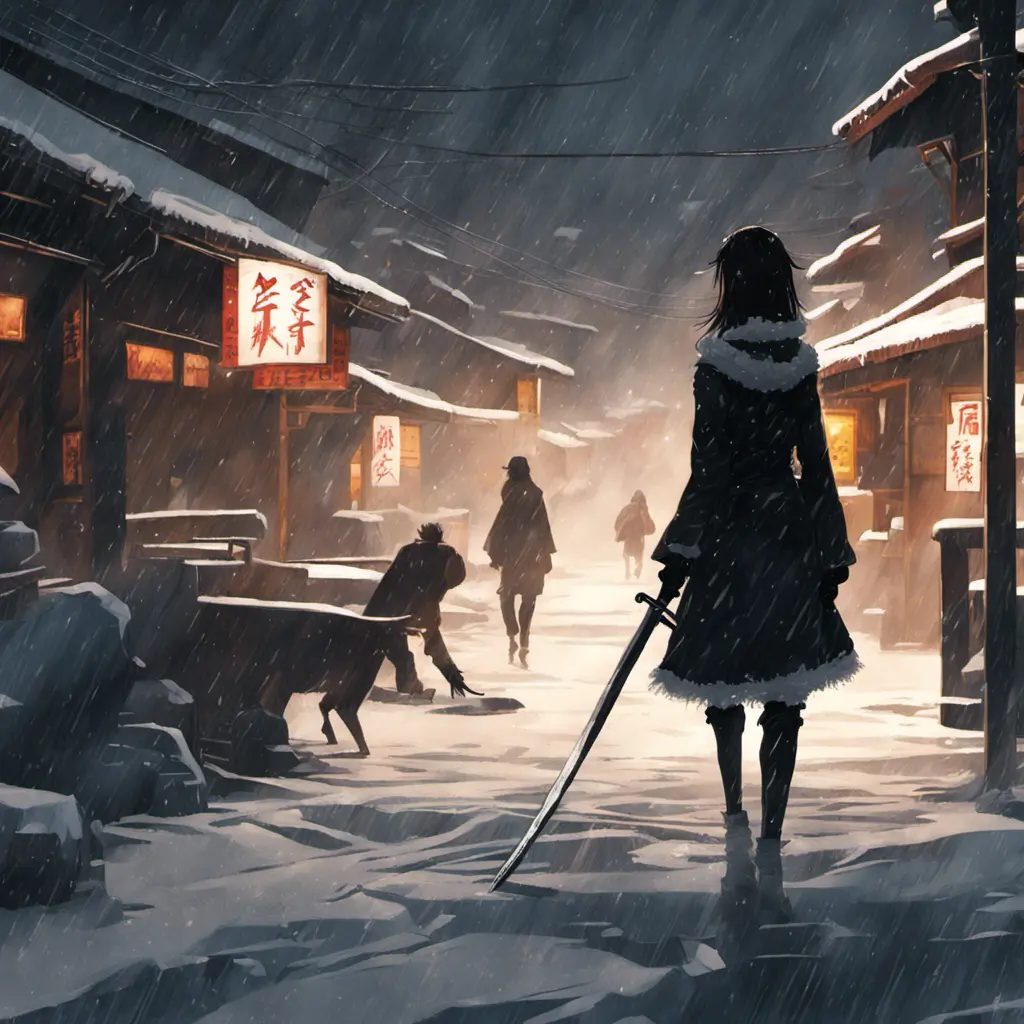 Silhouette of a mysterious Gogo Yubari kill bill ninja in a dark snowy town in Tokyo, 8k, Intricate Details, Trending on Artstation, Beautiful, Stunning, Centered by Stanley Artgerm Lau, WLOP