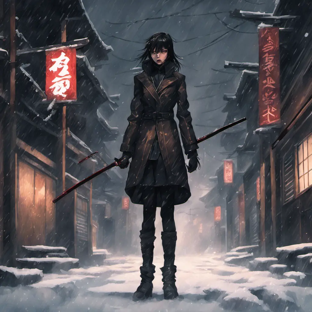 Silhouette of a mysterious Gogo Yubari kill bill ninja in a dark snowy town in Tokyo, 8k, Intricate Details, Trending on Artstation, Beautiful, Stunning, Centered by Stanley Artgerm Lau, WLOP