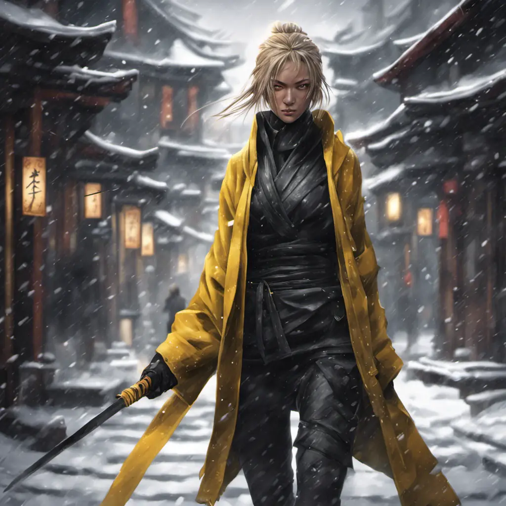 Mysterious beautiful kill bill ninja in the streets of a dark snowy town, 8k, Intricate Details, Trending on Artstation, Beautiful, Stunning, Centered by Stanley Artgerm Lau, WLOP