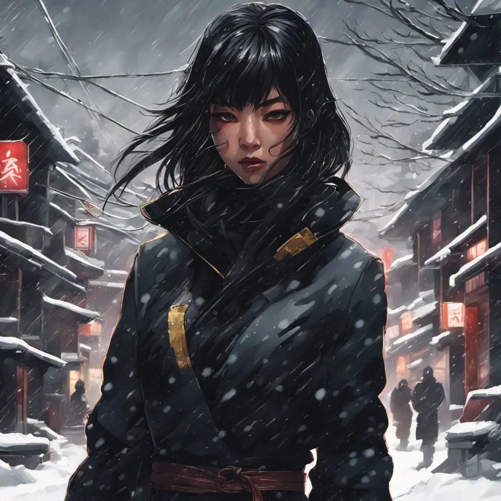 Silhouette of a mysterious Gogo Yubari kill bill ninja in a dark snowy town in Tokyo, 8k, Intricate Details, Trending on Artstation, Beautiful, Stunning, Centered by Stanley Artgerm Lau, WLOP