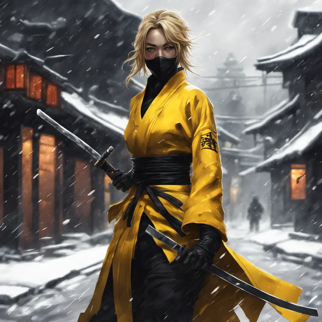 Silhouette of a mysterious kill bill ninja in the streets of a dark snowy town, 8k, Intricate Details, Trending on Artstation, Beautiful, Stunning, Centered by Stanley Artgerm Lau, WLOP