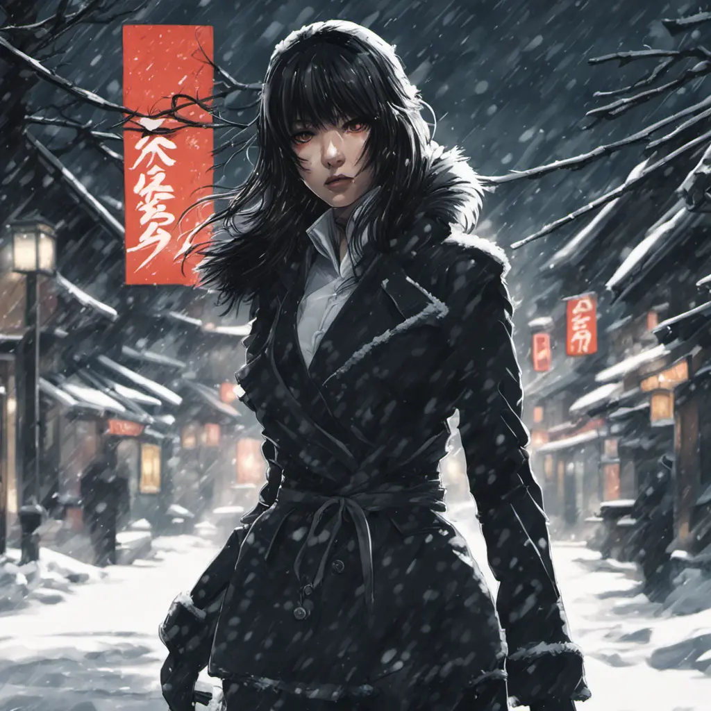 Silhouette of a mysterious Gogo Yubari kill bill ninja in a dark snowy town in Tokyo, 8k, Intricate Details, Trending on Artstation, Beautiful, Stunning, Centered by Stanley Artgerm Lau, WLOP