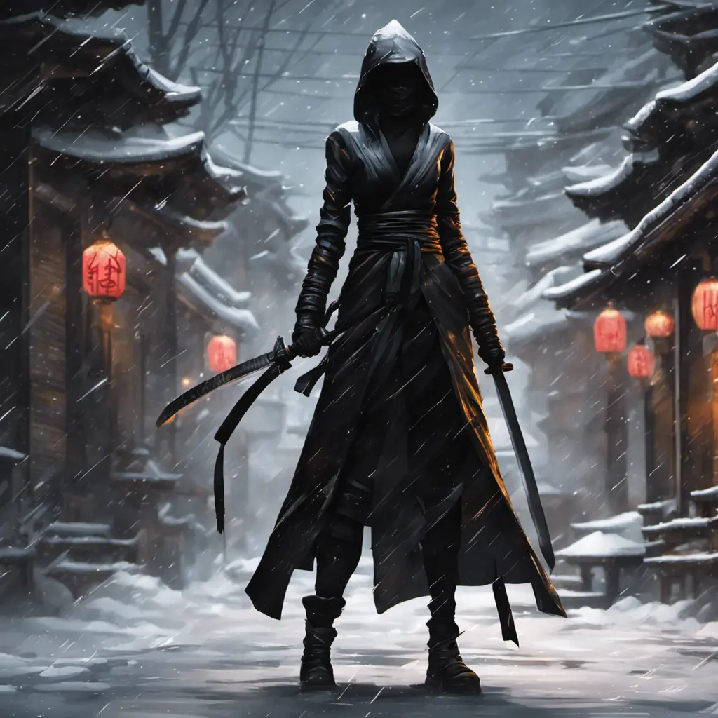 Silhouette of a mysterious kill bill ninja in the streets of a dark snowy town, 8k, Intricate Details, Trending on Artstation, Beautiful, Stunning, Centered by Stanley Artgerm Lau, WLOP