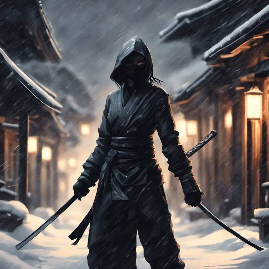 Silhouette of a mysterious kill bill ninja in the streets of a dark snowy town, 8k, Intricate Details, Trending on Artstation, Beautiful, Stunning, Centered by Stanley Artgerm Lau, WLOP