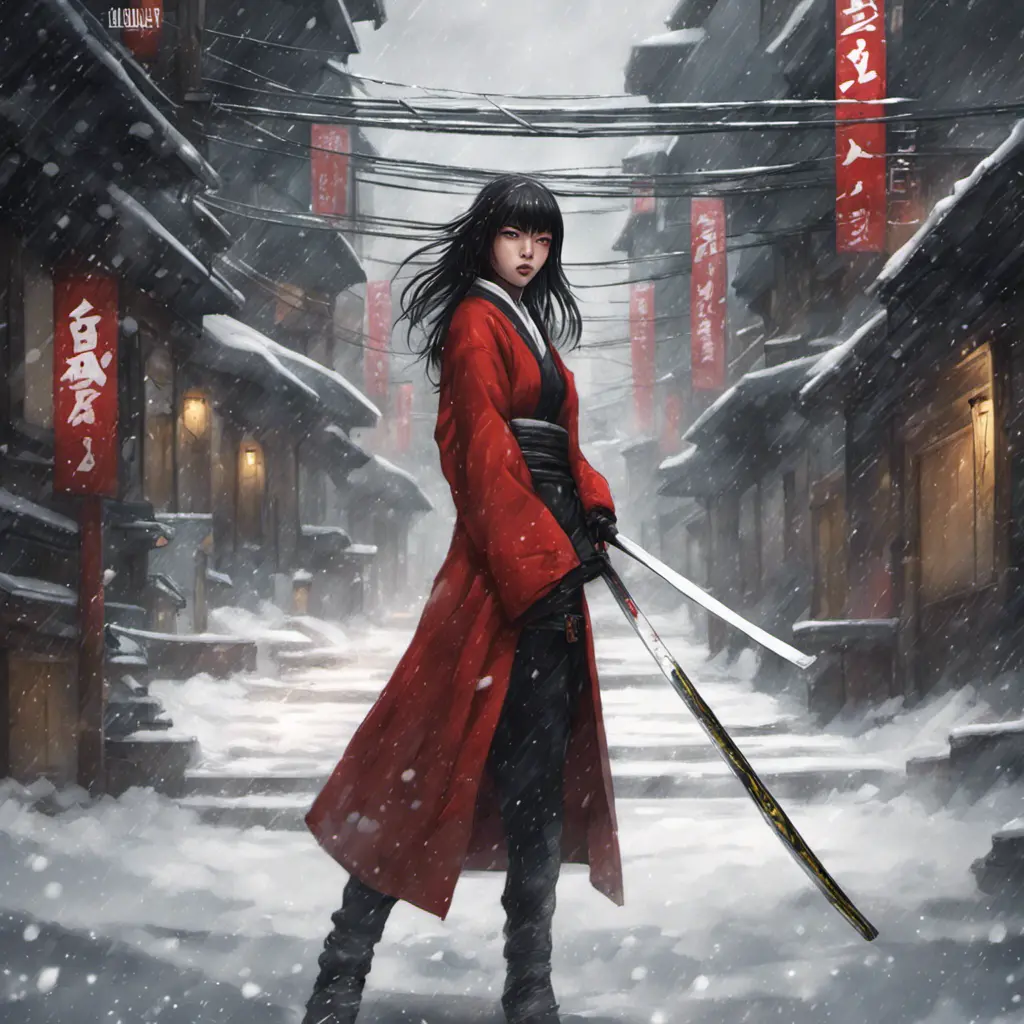 A mysterious Gogo Yubari kill bill ninja in a dark snowy Tokyo town, 8k, Intricate Details, Trending on Artstation, Beautiful, Stunning, Centered by Stanley Artgerm Lau, WLOP