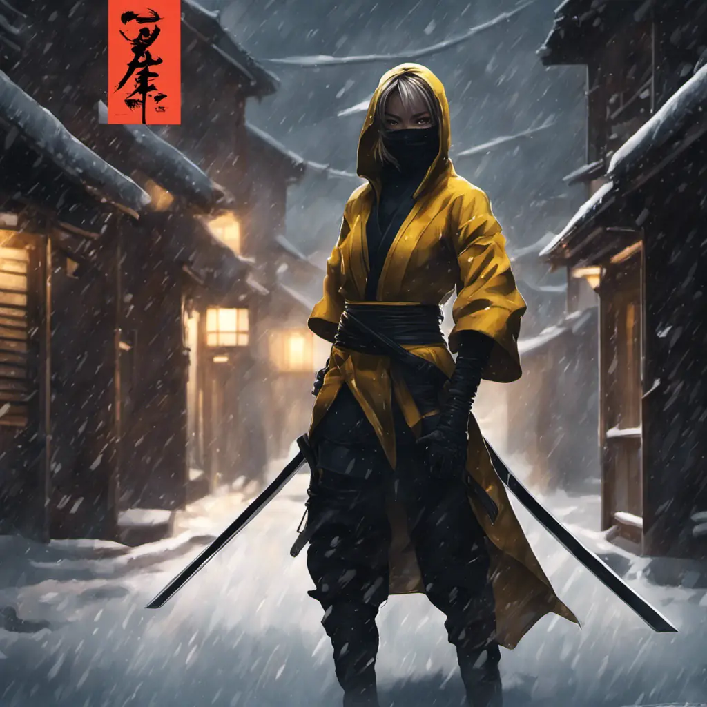 Silhouette of a mysterious kill bill ninja in the streets of a dark snowy town, 8k, Intricate Details, Trending on Artstation, Beautiful, Stunning, Centered by Stanley Artgerm Lau, WLOP