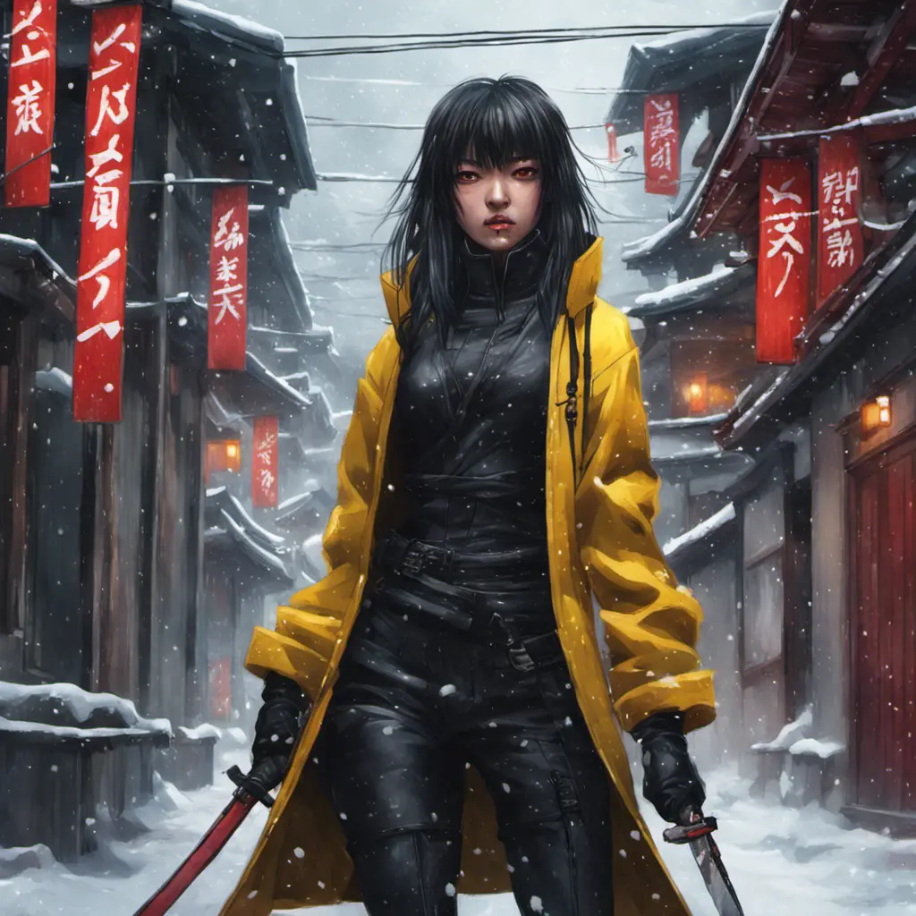 A mysterious Gogo Yubari kill bill ninja in a dark snowy Tokyo town, 8k, Intricate Details, Trending on Artstation, Beautiful, Stunning, Centered by Stanley Artgerm Lau, WLOP